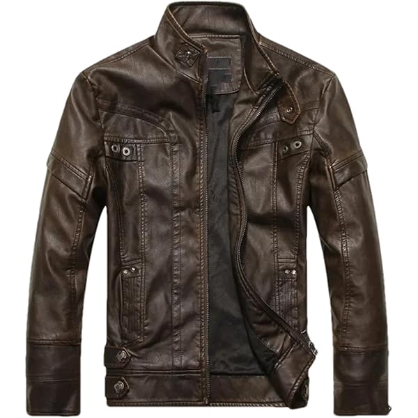 chouyatou Men's Vintage Stand Collar Pu Leather Jacket (Small